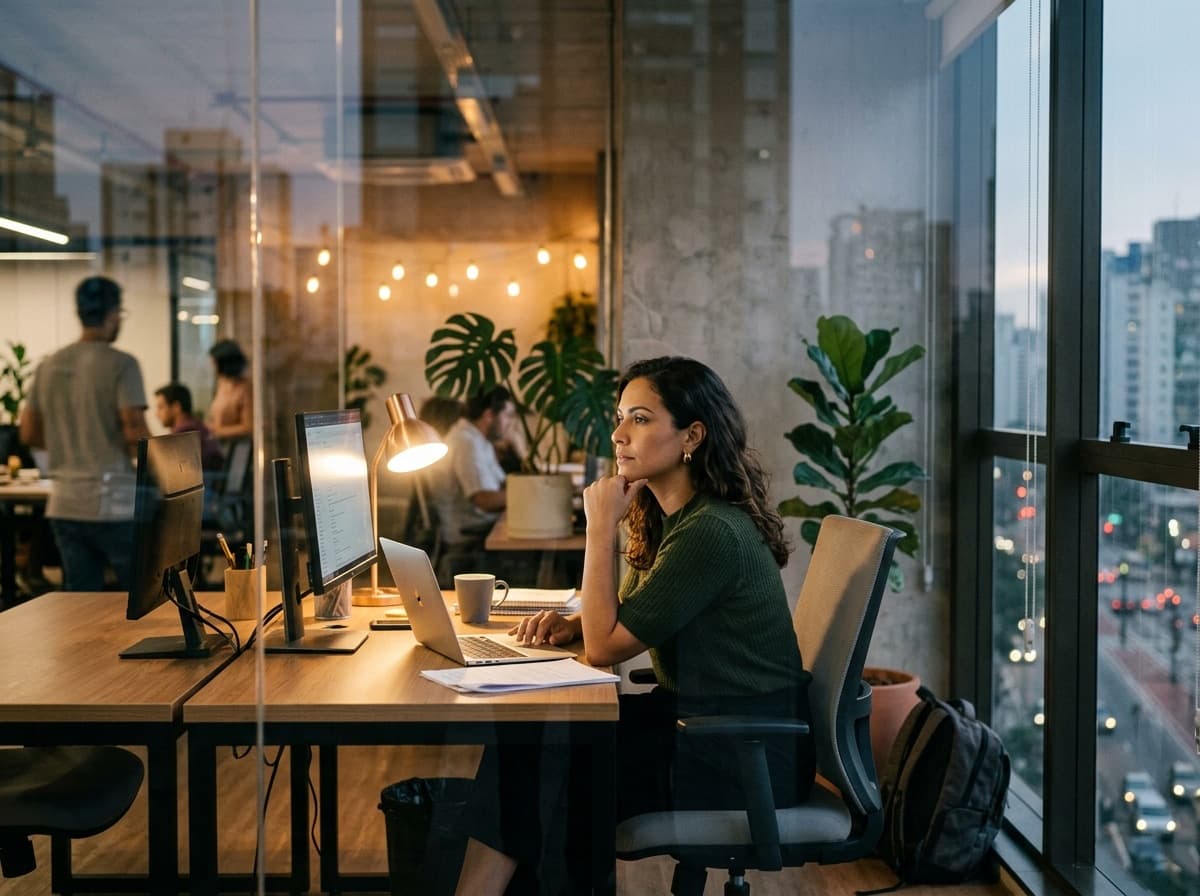 Mulher pensativa em sua mesa, vista através do vidro de um escritório moderno de startup.