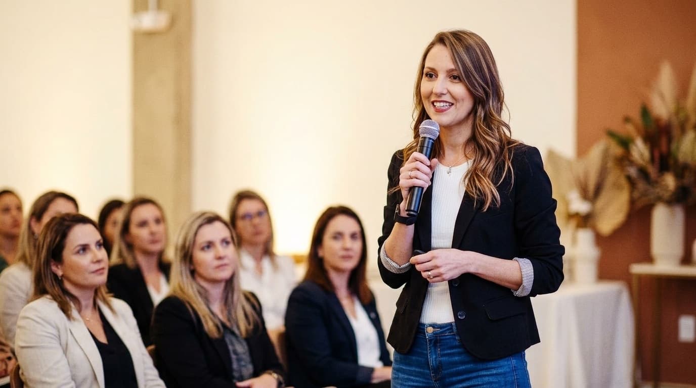 Marina Proença falando ao microfone em um evento de liderança.